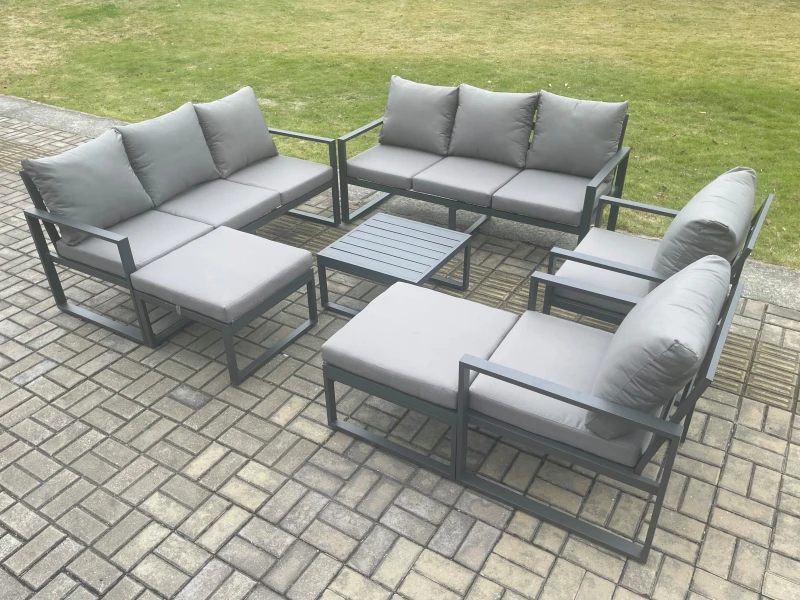 Image of Fimous Aluminium Patio Outdoor Garden Furniture Lounge Sofa Set with Square Coffee Table 2 Chairs 2 Big Footstools Dark Grey Dark Grey Unisex
