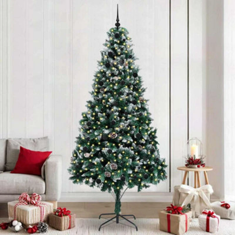Image of vidaXL Artificial Christmas Tree with 300 LEDs, 120 Black Balls with Stand Green 240 cm, Green 3396283