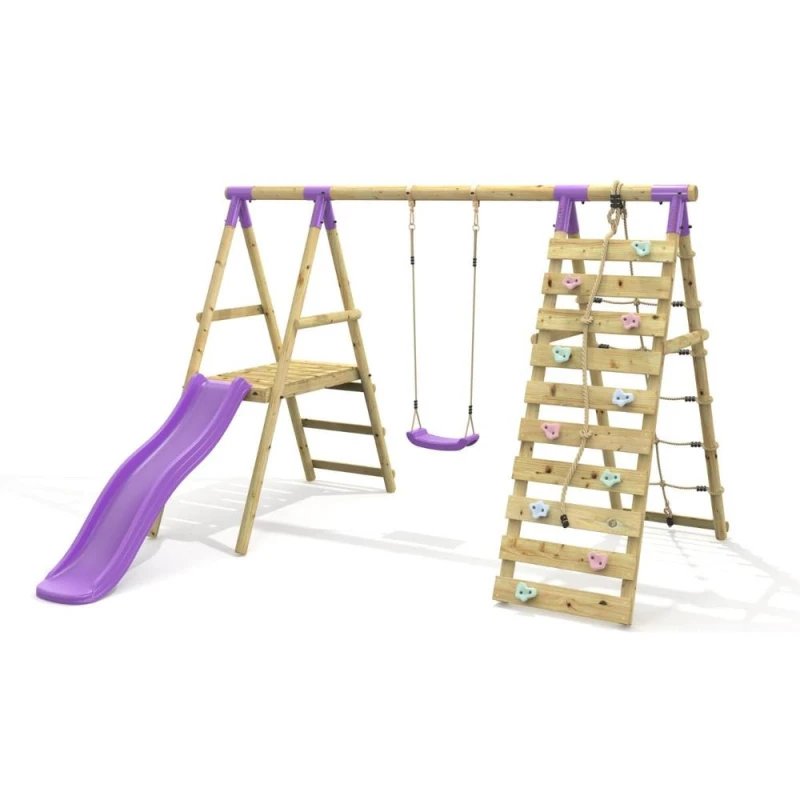Image of OutdoorToys Single Garden Swing Set with Climbing Wall & Slide for Kids - Amber Purple Purple Unisex