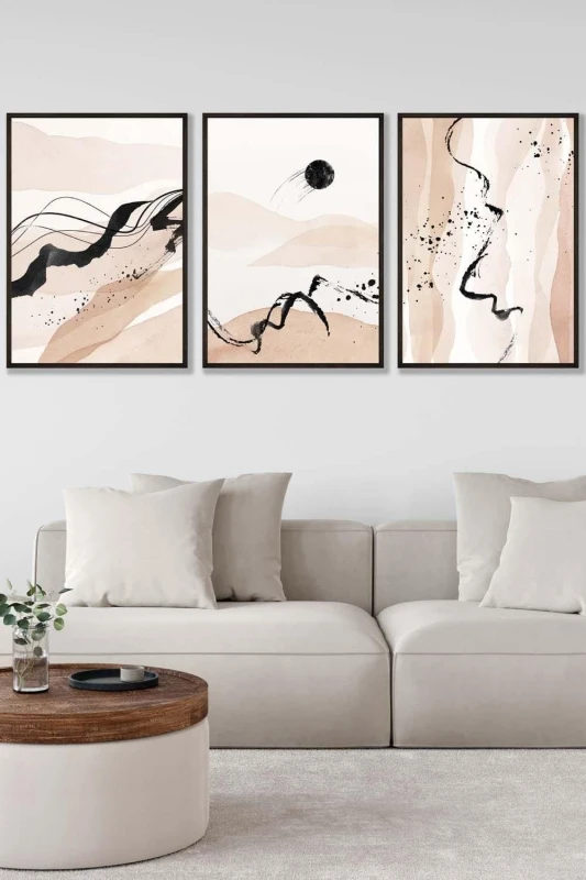 Image of ARTZE Set of 3 Black Framed Beige Black Abstract Mountain Contours Wall Art Size: W45cm x H62cm x D20mm Beige Unisex W45cm x H62cm x D20mm