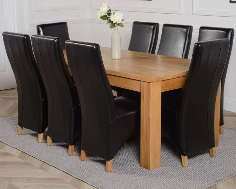 Image of Thats Furniture Dakot 182 x 92cm Oak Large Dining Table & 8 Lola Leather Chairs in Black Size: 182 x 92cm Black Unisex 182 x 92 cm