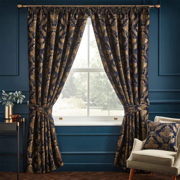 Image of Shiraz Traditional Jacquard Pencil Pleat Curtains Navy, Navy / 168 x 183cm
