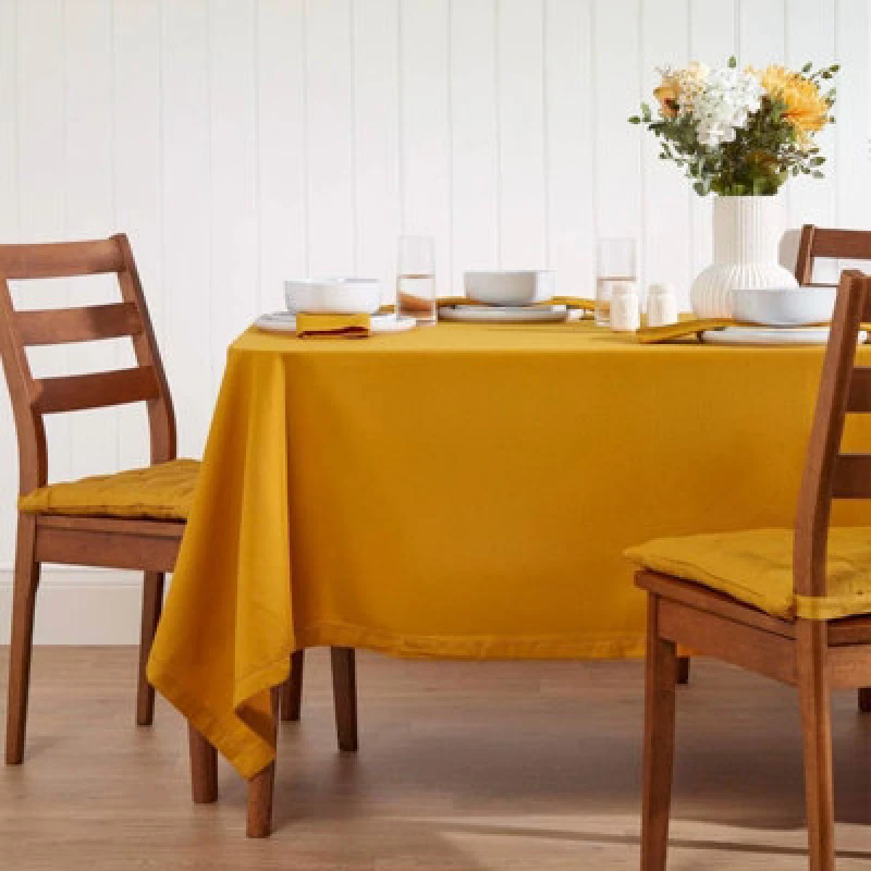 Image of Homescapes Plain Cotton Tablecloth, 178cm x 300cm Mustard
