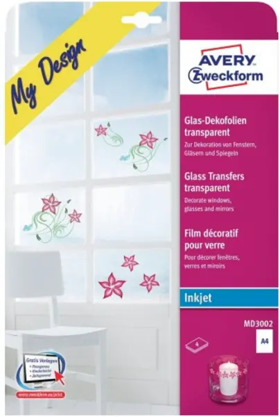 Image of Avery-Zweckform My Design Glas MD3002 Decorative window transfer film A4 Inkjet printer Transparent 4 pc(s)
