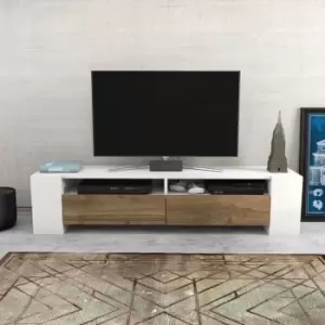 Image of Decorotika Sosruko TV Stand TV Cabinet TV Unit with Drop Down Cabinets and Side Shelves (White And Walnut Pattern)