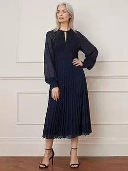 Image of Wallis Lace Insert Pleated Midaxi Dress - Navy, Blue, Size 12, Women