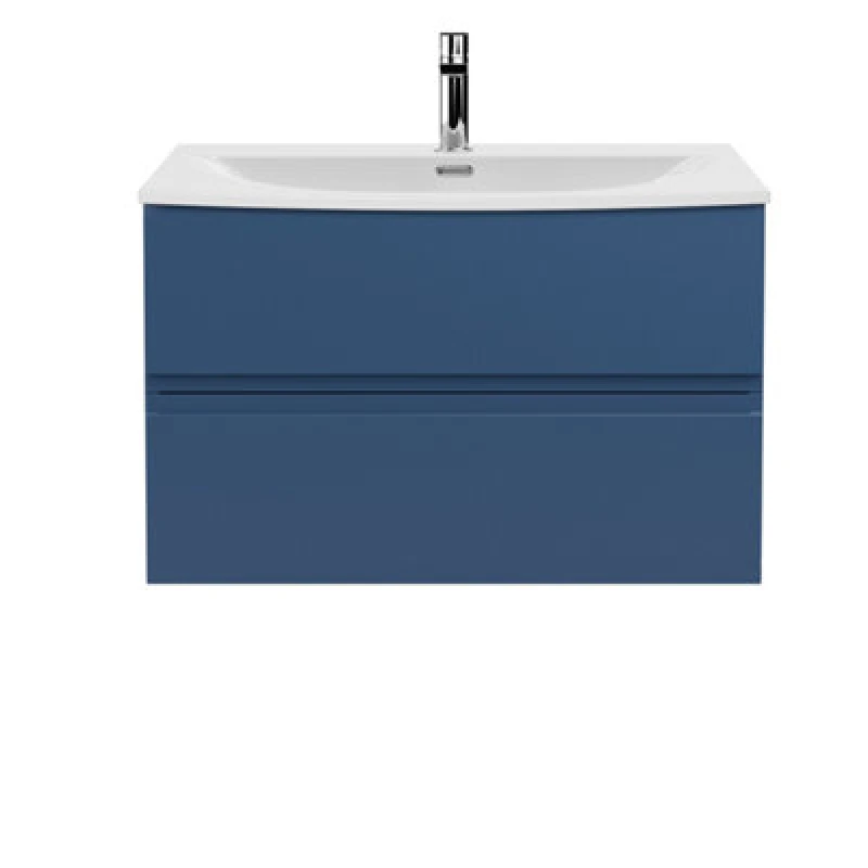 Image of Nuie Hudson Reed Urban Wall Hung 2 Drawer Vanity Unit With Curved Ceramic Basin, Modern Bathroom Furniture In Satin Blue, 800mm