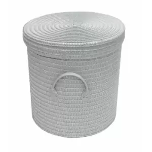 Image of Strong Woven Round Lidded Laundry Storage Basket Bin Lined PVC Handle [Light Grey,Large 35 x 37 cm] [lrg]