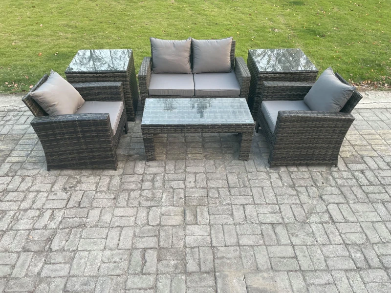 Image of Fimous 4 Seater Outdoor Rattan Garden Furniture Set Patio Lounge Sofa Set with Coffee Table 2 Side Tables in Dark Grey Dark Grey Unisex