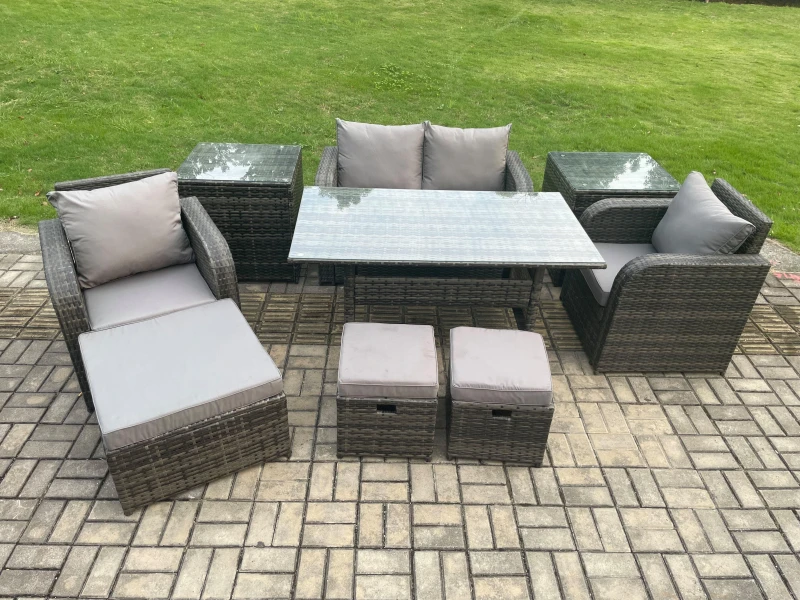 Image of Fimous Rattan Outdoor Garden Furniture Set Rectangular Dining Table & Chair Sofa Set With 2 Side Tables 3 Footstool in Dark Grey Dark Grey Unisex