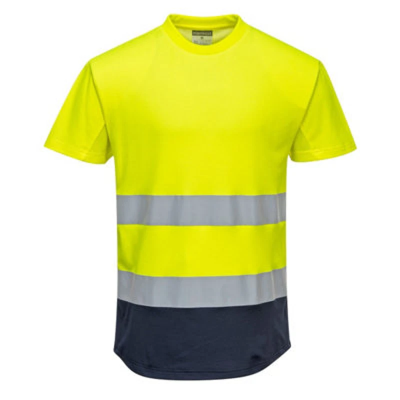 Image of Portwest Hi Vis Contrast Mesh Insert Short Sleeve T Shirt C395YNRL Colour: Yellow / Navy
