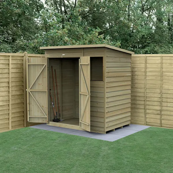 Image of 6' x 4' Forest 4Life 25yr Guarantee Overlap Pressure Treated Double Door Pent Wooden Shed (1.98m x 1.39m)