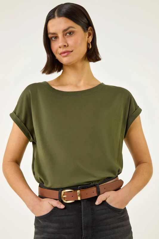 Image of Roman Womens Plain Stretch Cotton Jersey T-Shirt in Olive Size: 10 Olive Female 10