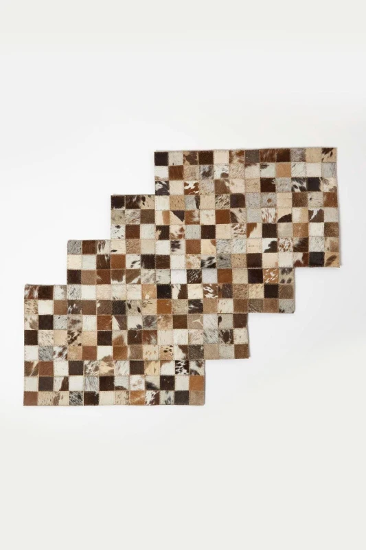 Image of Homescapes Block Check Brown Leather Placemats Set of 4 Brown