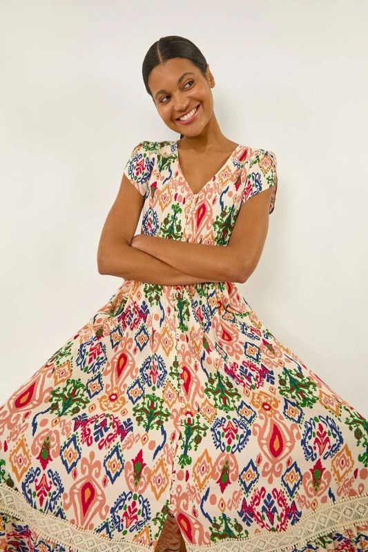 Image of Roman Womens Abstract Button Through Maxi Dress in Orange Size: 18 Orange Female 18