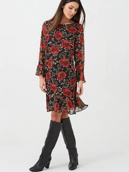 Image of Wallis Lurex Poppy Flute Sleeve Dress - Black, Size 12, Women