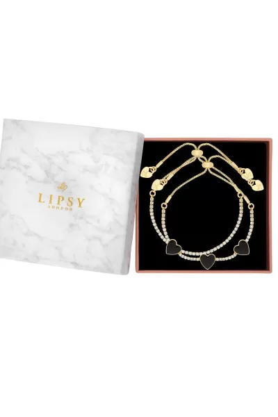 Image of Gold Jet Enamel Heart 2 Pack Toggle Bracelets - Gift Boxed