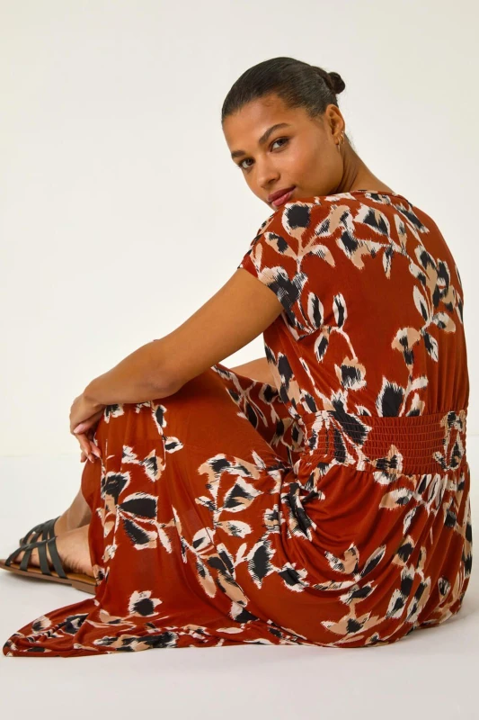 Image of Roman Abstract Print Ruched Waist Maxi Dress Orange