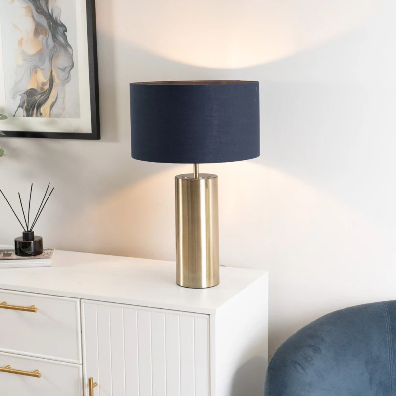 Image of ValueLights Lexy Fabric Drum Shade with Antique Brass Dimmable Touch Table Lamp Navy
