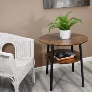 Image of Round Coffee Table Lamp Table.Industrial Urban Design.Black Metal Legs.Shelf. - Brown