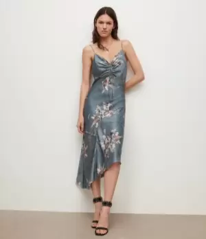 Image of AllSaints Womens Alexia Kuroyuri Silk Blend Dress, Blue/Grey/Brown, Size: 12