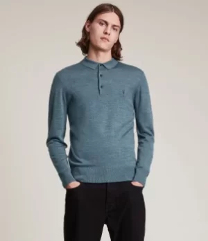 Image of AllSaints Mens Mode Merino Long Sleeve Polo Shirt, Adventurer Blue ML, Size: XL