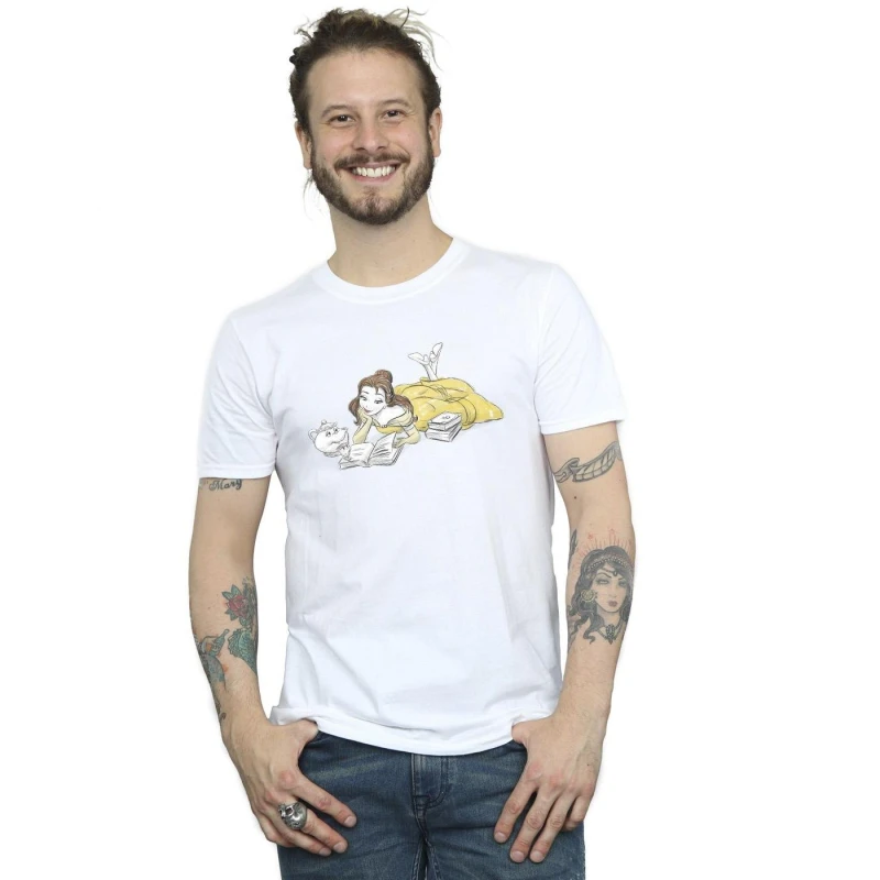 Image of Disney Men Beauty And The Beast Belle Reading T-Shirt in White Size: Small White S Male 5063153494220