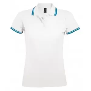 Image of SOLS Womens/Ladies Pasadena Tipped Short Sleeve Pique Polo Shirt (M) (White/Aqua Blue)