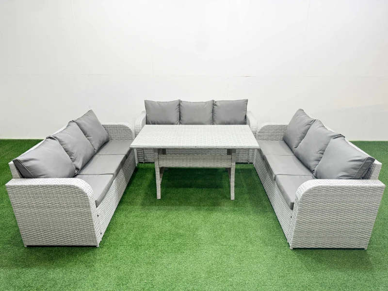 Image of Fimous PE Rattan Lounge Sofa Set 9 Seater Outdoor Garden Furniture Set with Rectangular Dining Table 3 Seater Sofa Light Grey Light Grey