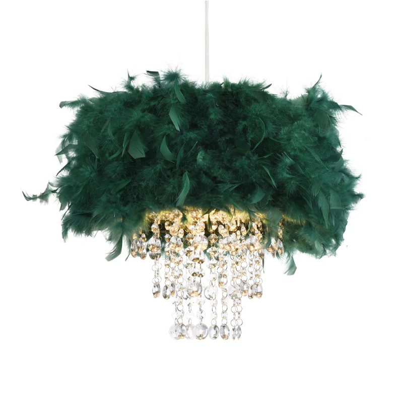 Image of Happy Homewares Feather Pendant Light Shade with Transparent Acrylic Droplets in Dark Green Dark Green Unisex