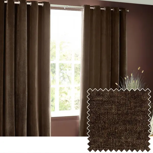 Image of Yard Heavy Chenille Woven Velvet Eyelet Curtain Brown