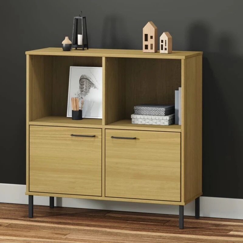 Image of Vidaxl Bookcase With Metal Legs Brown 90X35X90.5cm Solid Wood Oslo, Brown 351015