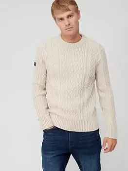 Image of Superdry Jacob Cable Knit Crew Neck Jumper - Ecru , Ecru, Size S, Men
