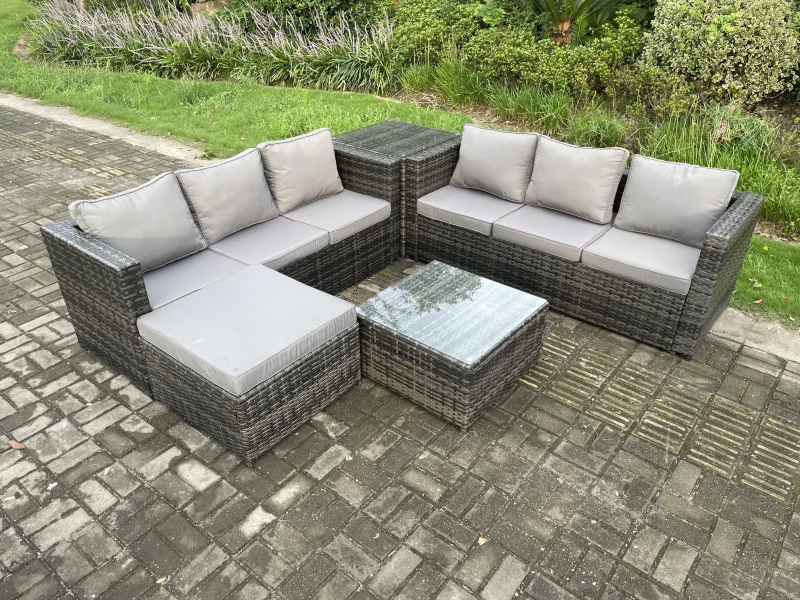 Image of Fimous 7 Seater Rattan Garden Furniture Sofa Set with Side Table Square Coffee Table Big Footstool Indoor Outdoor Rattan Set Dark Grey