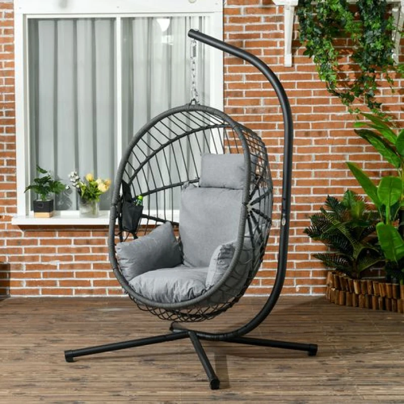 Image of Outsunny Hanging Swing Chair with Thick Cushion, Patio Hanging Chair, Grey 84A-302V70GY