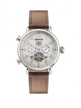 Image of Ingersoll Ingersoll Muse Silver Daydate Skeleton Eye Automatic Dial Tan Leather Strap Watch