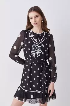 Image of Mono Mixed Dot Piped Ruffle Belted Mini Dress