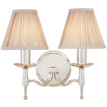 Image of Interiors 1900 Lighting - Interiors Stanford Nickel - 2 Light Indoor Twin Candle Wall Light Polished Nickel Plate with Beige Shades, E14
