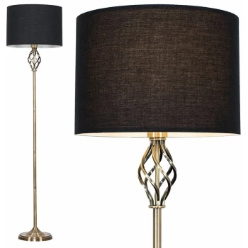 Image of Barley Twist Floor Lamp in Antique Brass with Drum Shade - Black