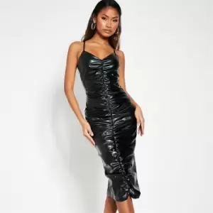 Image of I Saw It First Pu Cami Strap Ruched Midi Dress - Black