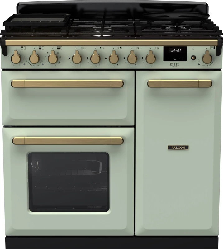 Image of Rangemaster Estel Deluxe ESDL90DFPMNT/AB1 90cm wide Dual Fuel Range Cooker with Gas Hob - Mint / Antique Brass - A/A Rated