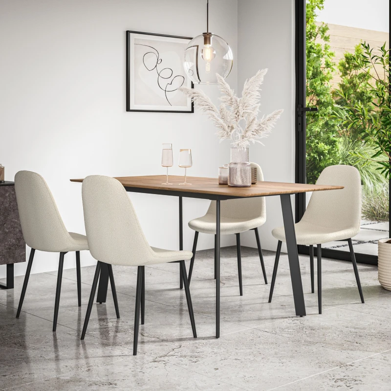 Image of More4Homes Haydon Extending Dining Table And Chairs - Oak Effect Table Top W Black Legs + Maya Boucle Dining Chair Set Of 4 (Ivory White)