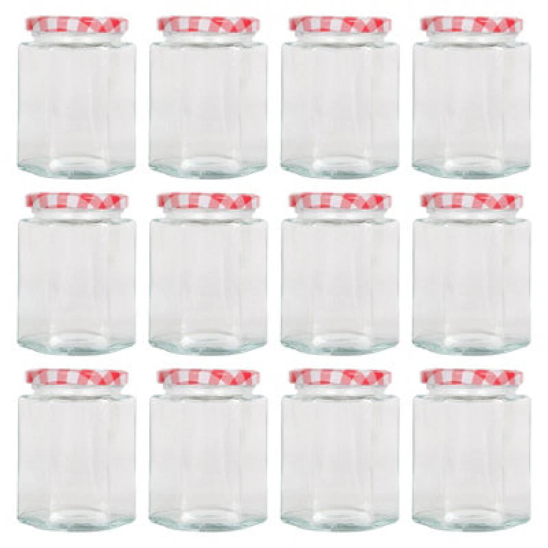 Image of Argon Tableware Hexagonal Glass Jam Jars With Red Gingham Lids - 250ml - Pack Of 12