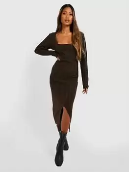 Image of Boohoo Square Neck Rib Knit Midaxi Dress - Chocolate, Brown Size M Women