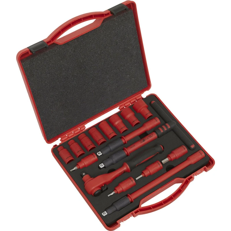 Image of Loops 16pc VDE Insulated Socket & Ratchet Handle Set -3/8" Square Drive 6 Point Metric Multi