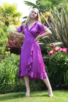 Image of Yumi Pink Satin Wrap Midi Dress