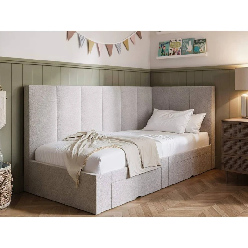 Image of Flair Harley Corner Fabric Bed Frame with Storage Drawers in Beige Size: Single Beige Unisex Single