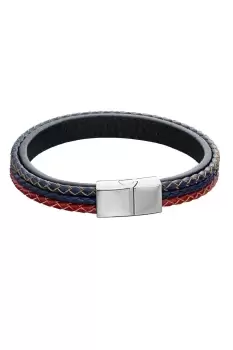 Image of Woven Blue, Red & Grey Leather & Stainless Steel Magentic Bracelet