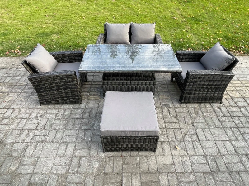 Image of Fimous Outdoor Garden Dining Sets 5 Seater Rattan Patio Furniture Sofa Set with Rising Lifting Table Big Footstool in Dark Grey Dark Grey Unisex