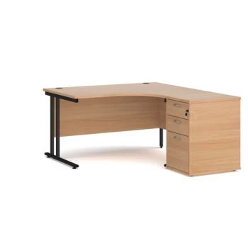 Image of Office Desk Right Hand Corner Desk 1400mm With Pedestal Beech Top With Black Frame Maestro 25